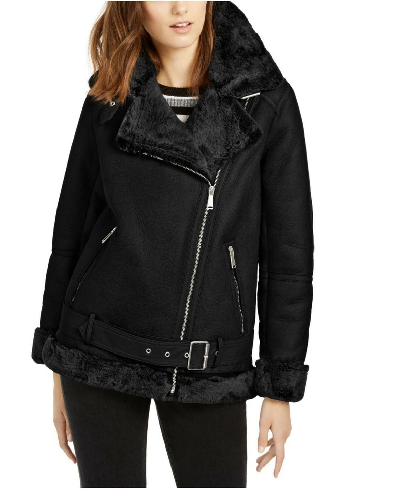 NUEVA BCBGeneration Chaqueta de Moto Asimétrica Imitación Piel de Oveja Negra Talla L