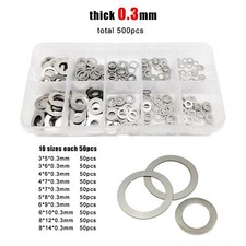 500pcs M3-M8 0.3mm 304 Stainless Steel Ultra Thin Flat Washer Shim Set Kit Box