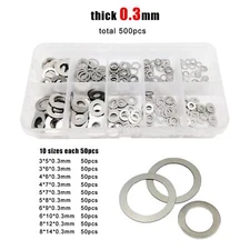500pcs M3-M8 0.3mm 304 Stainless Steel Ultra Thin Flat Washer Shim Set Kit Box