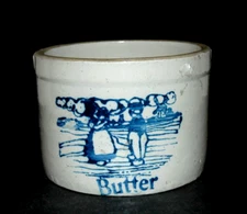 LG 4# Blue Stenciled Dutch Scene Butter Pantry Crock Stoneware Salt Glaze