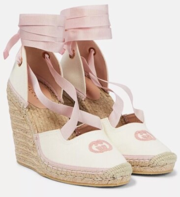 GUCCI Pink Embroidered Canvas Espadrille Wedge Shoes Size EU