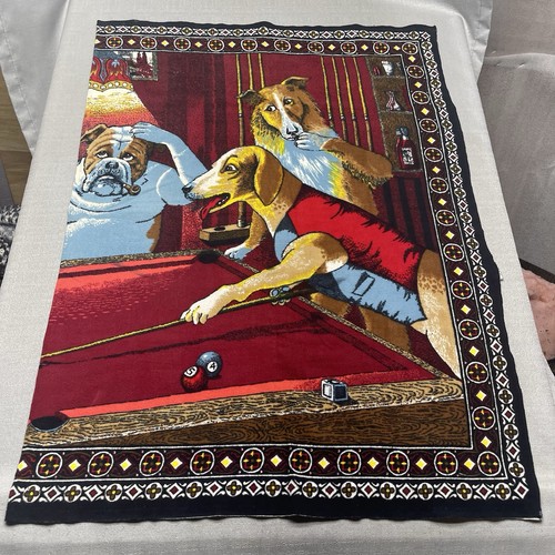 Vintage Tapestry Dogs Playing Pool 56.75x38.5" Cotton ATC NY Turkey Multicolord - Picture 2 of 9