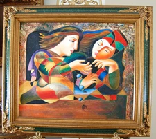 VTG FRAMED SIGNED ORIGINAL C. LOFT ABSTRACT MODERN CUBISM "LOVERS" OIL PAINTING