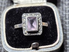 EXQUISITE Vintage Art Deco Solid SILVER Amethyst Marcasite RING  UK size 'R'
