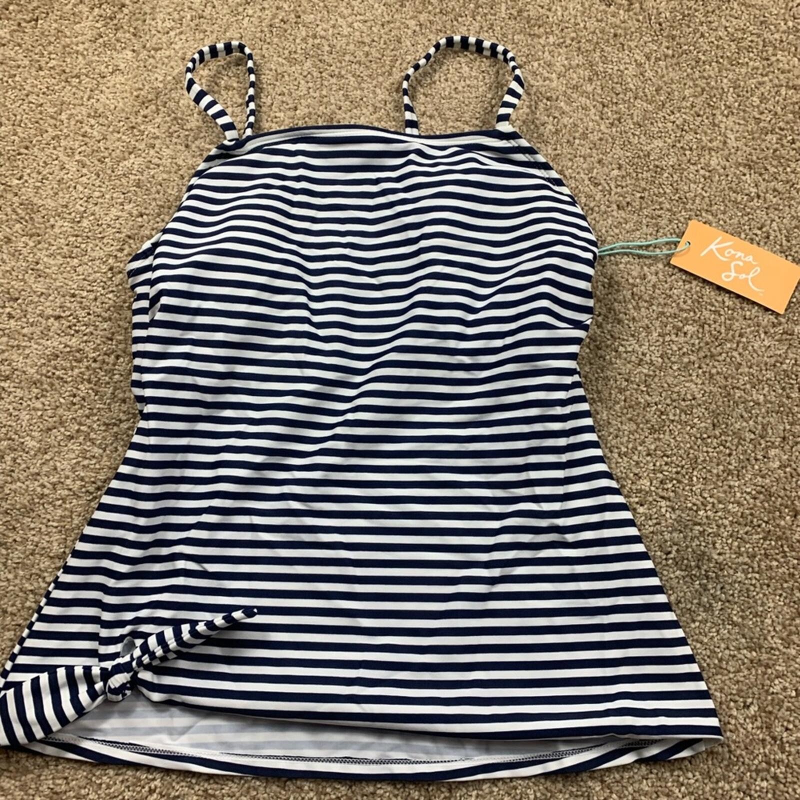 Kona Sol Womens Striped Tankini Top Navy White Swim Top Adjustable Straps NWT