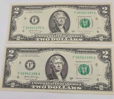 $2 / 2 Dollar Bill Pair Consecutive  Appear Uncirculated Clean 2017A