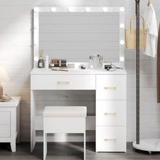 White Vanity Makeup Desk Dressing Table W/ LED Lighted Mirror and Power Outlet