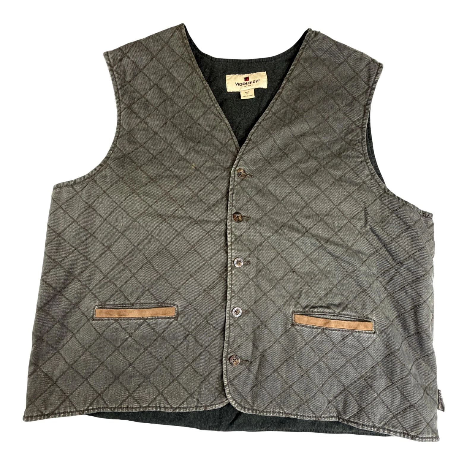 Woolrich Vest Mens XL Green Quilted Canvas Lined Belted Button Front Outdoor