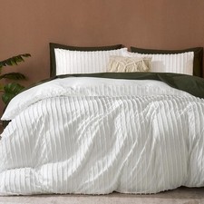 White Striped Tufted Duvet Cover Set Queen Size Soft Breathable White - Stripe