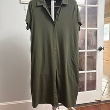 J. Jill Knit Short Sleeve Button-Front Shirt Dress in Kale Green with Pockets