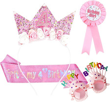 4 Pcs Birthday Decorations Set, Including Glitter Birthday Sash,Pink Badge,Flowe