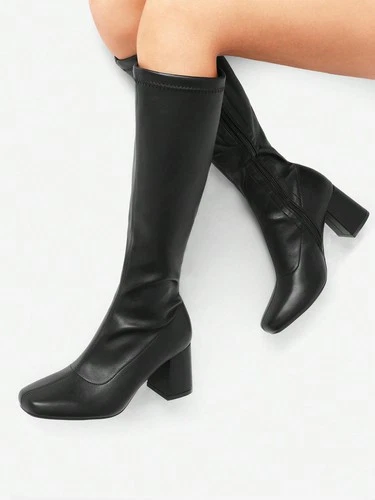 Gogo Damenstiefel eckige Zehenpartie klobiger Blockabsatz weite Wade kniehohe Stiefel - Bild 1 von 23