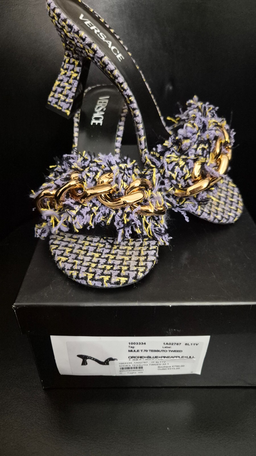 VERSACE Mules sandal fabric tweed lilac orchid shoes 7 cm new Luxury spring thumbnail 6