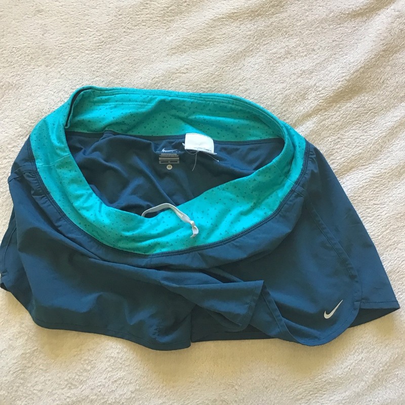 Nike Dri-FIT Women’s Blue Green Woven Running Shorts Drawstring Elastic Waist