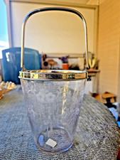 T.G. HAWKES SIGNED ETCHED CRYSTAL ICE BUCKET w/SILVERPLATED HANDLE 1920s