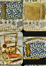 Vtg New Stratton Lipstick Powder Compact Case Cobalt Blue Floral w Animal Print