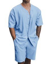 Men Summer Outfit 2-Piece Set Short Sleeve Shirt and Shorts Sweatsuit Set