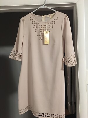 Nwt Anthropologie Aryeh Dress Beige Gray Cut Out Trim Tie Flutter Sleeves  Size S