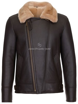 Men Aviator Sheepskin Jacket RAF B3 Beige Fur Bomber Shearling Cross Zip Jacket