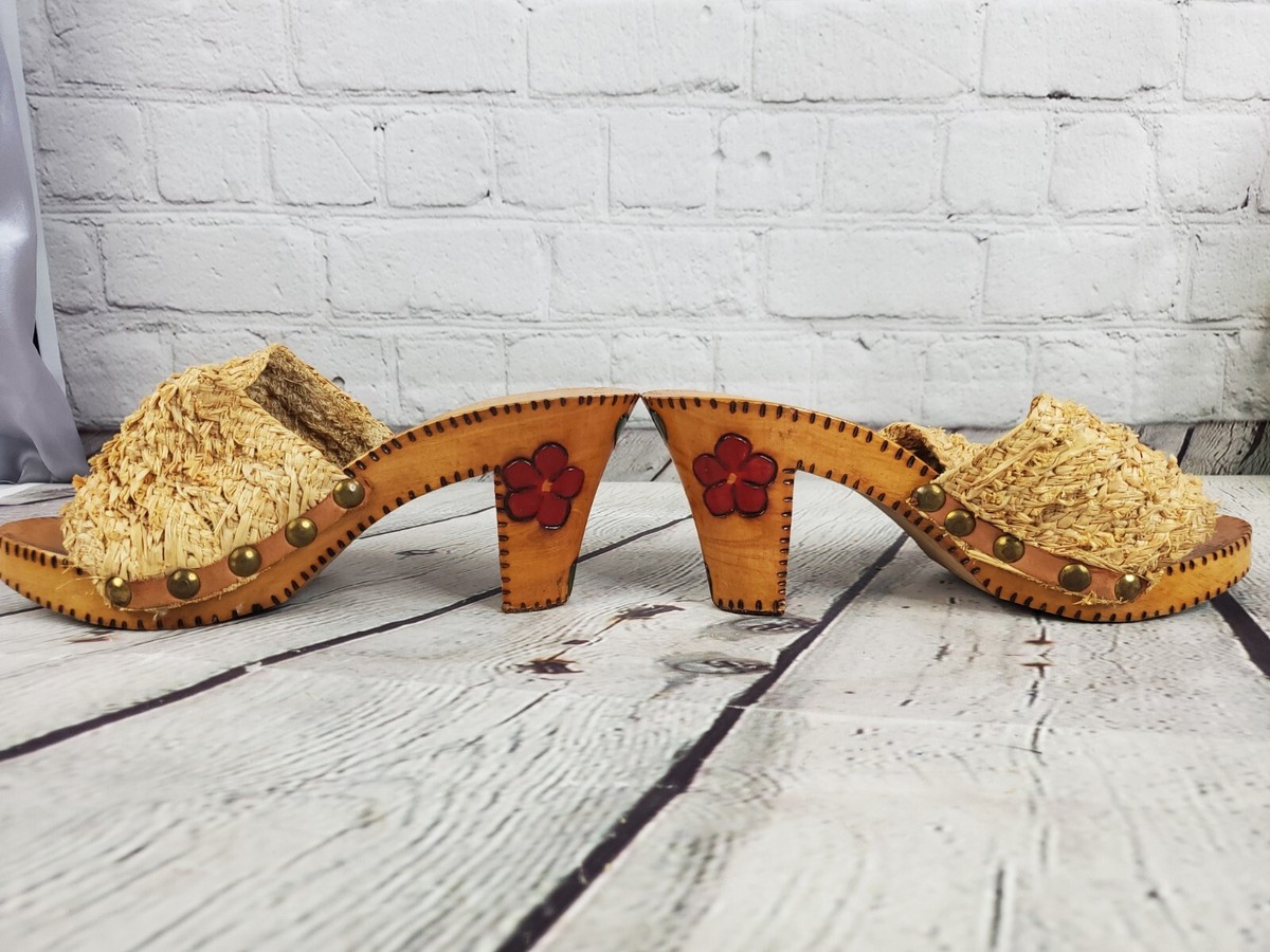 Vintage Wooden Sole High Heel Mule Slip On Sandals W Raffia Italy