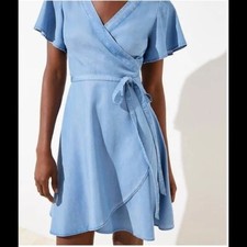LOFT Chambray Wrap Dress Short Sleeves V Neck Tie Waist Mini Size 4P