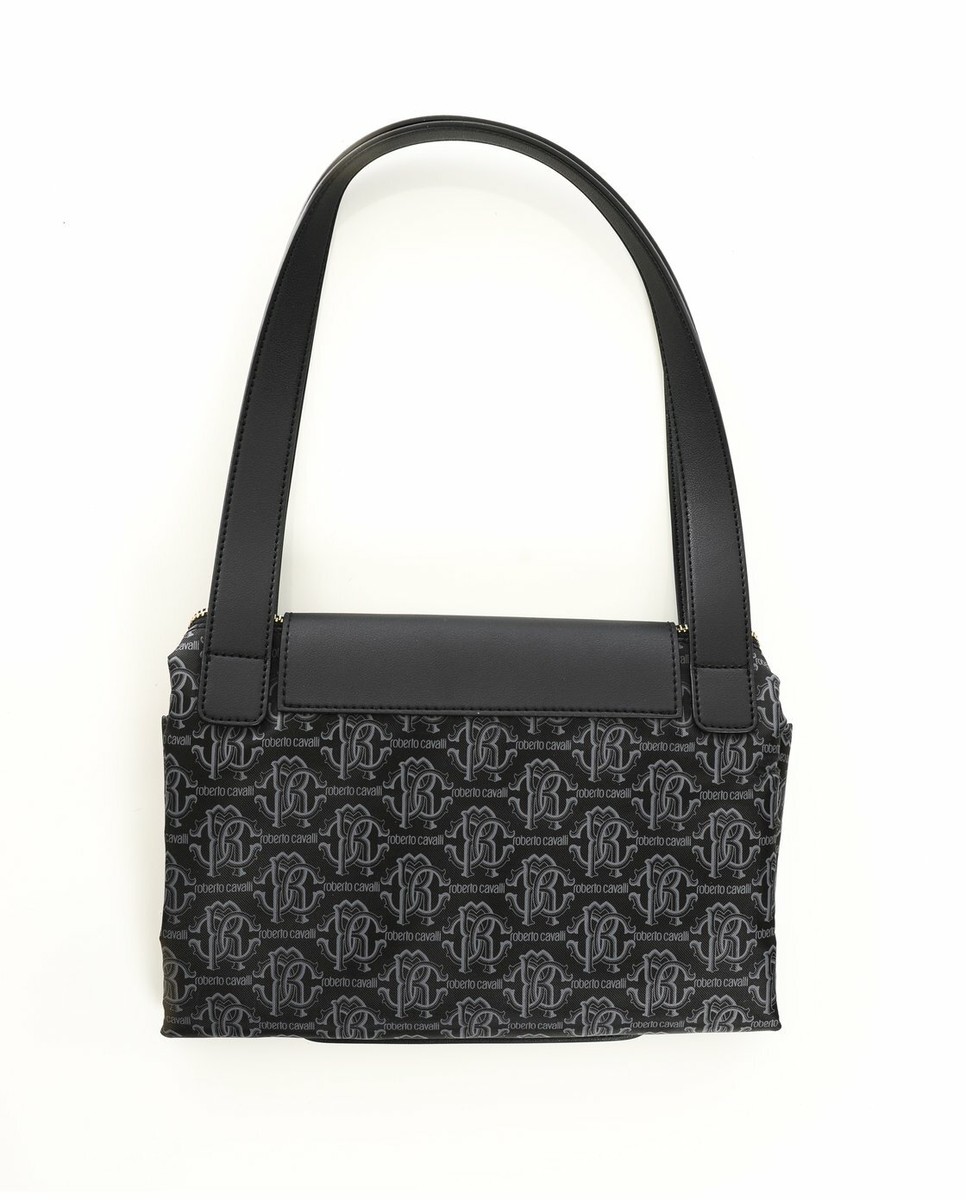 ROBERTO CAVALLI ハンドバッグ ROBERTO CAVALLI BORSA BLACK LARGE NYLON MONOGRAM PRINT LOGO