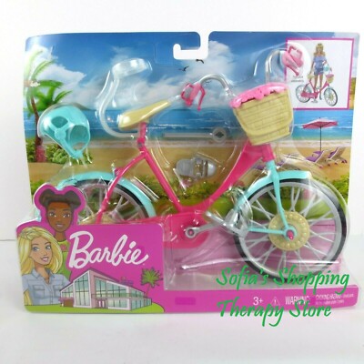 BARBIE RIDING BICYCLE with Flower Basket Helmet Pink Aqua