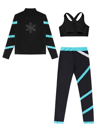 Child Girls Tracksuits Workout Set Contrast Color Outfit U Neck Leggings 3Pcs - Picture 11 of 47