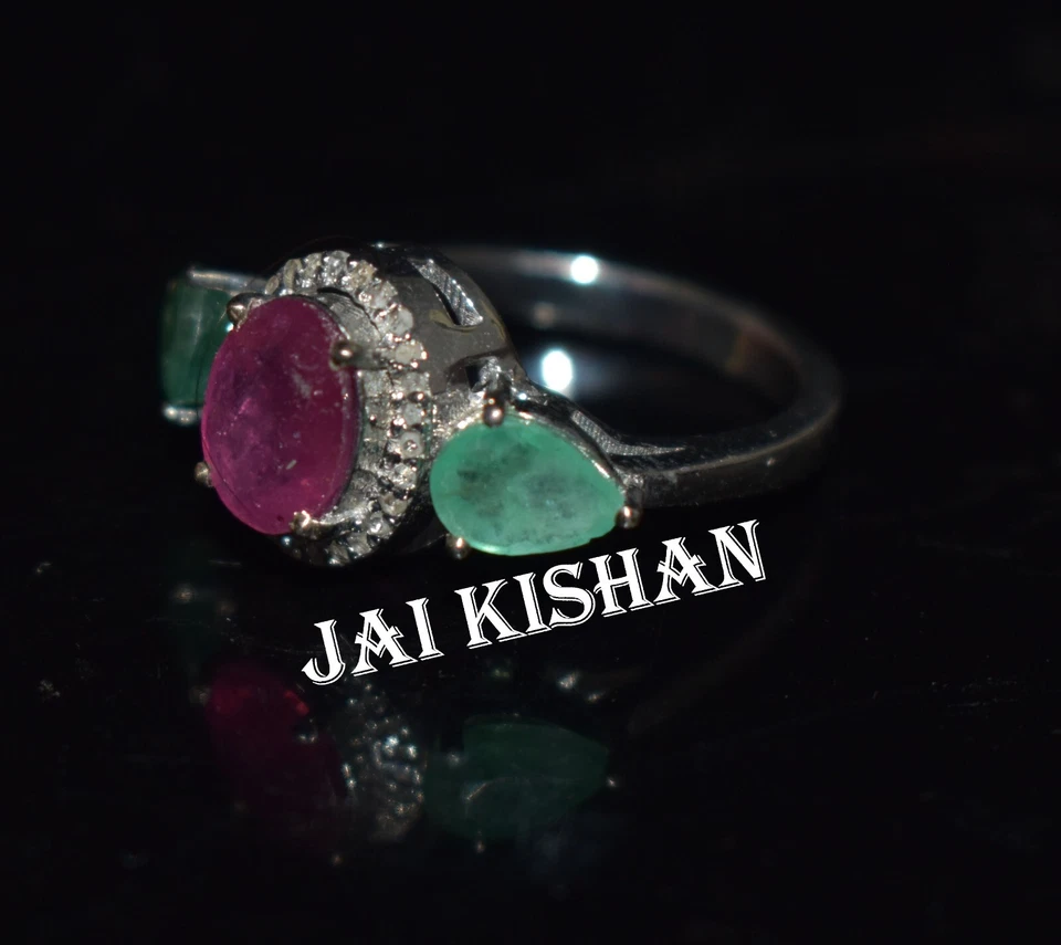 Smeraldo Rubino Gemma 925 Argento Sterling a Pavé Diamante Elegante Anello Gioie - Immagine 3 di 4