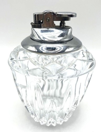VINTAGE LIGHTER CRYSTAL CUT CLEAR GLASS BOTTLE TABLE ROUND BOTTLE LIGHTER