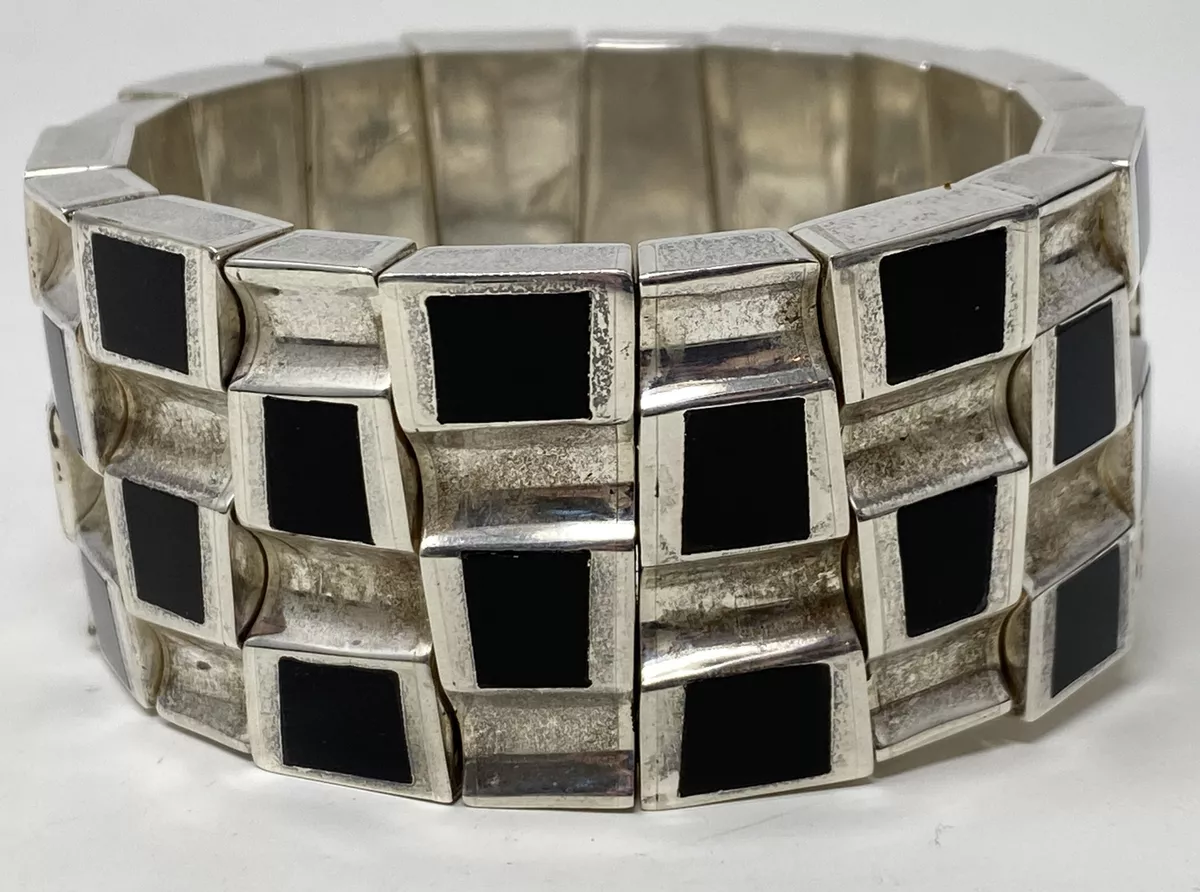 Vintage TUKA MEXICO 970 Heavy Sterling Silver Mid Century Modern Onyx Bracelet