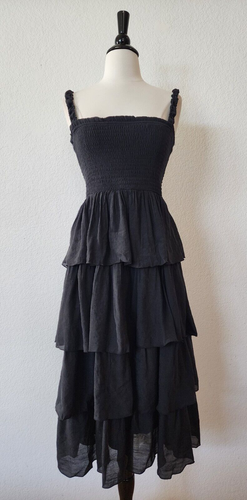 Anthropologie Midikleid Neu Größe Large Schwarz Stufen Rüschen Gesmokt Retro Boho