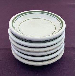 Set of 6 Vintage IRONSTONE Chunky BUTTER PAT White w/Green Trim 3” Diameter