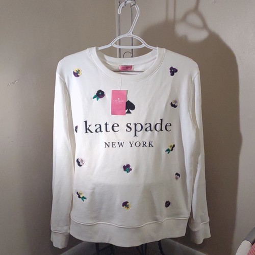 kate spade new york Women's L White Crewneck Floral Logo Graphic Pullover