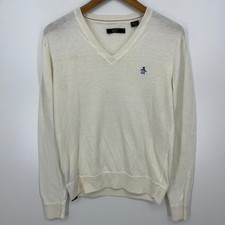 Penguin V Neck Sweater Men's Size M White Embroidered Logo Pullover Cotton