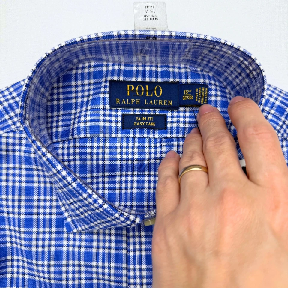 New POLO Ralph Lauren Dress Shirt Mens Size 15.5 32/33 Slim Fit Blue Check - Image 2 of 4