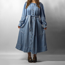 NEW Sezane Denim Belted Button Up Navy Blue Maxi LongFlare Dress Jacket EU40 M-L