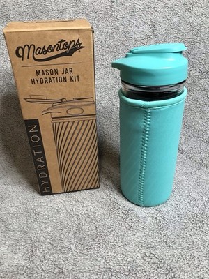NEW Masontops Glass Water Bottle With Neoprene Turquoise Hydration Cup