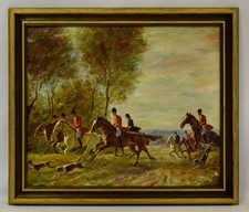 19th c. After Leszek Piasecki, antique oil painting "Hunters at Full Gallop.