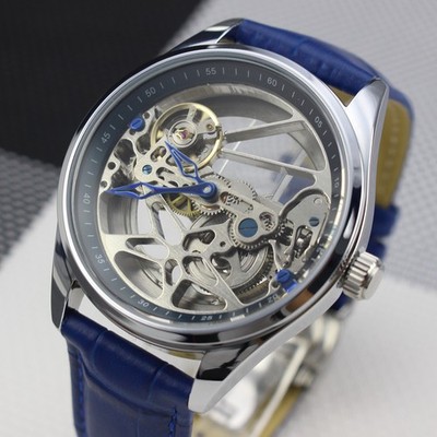 41MM Men Watch Skeleton Bridge Movement Automatic Mechanical Silver Blue Leather