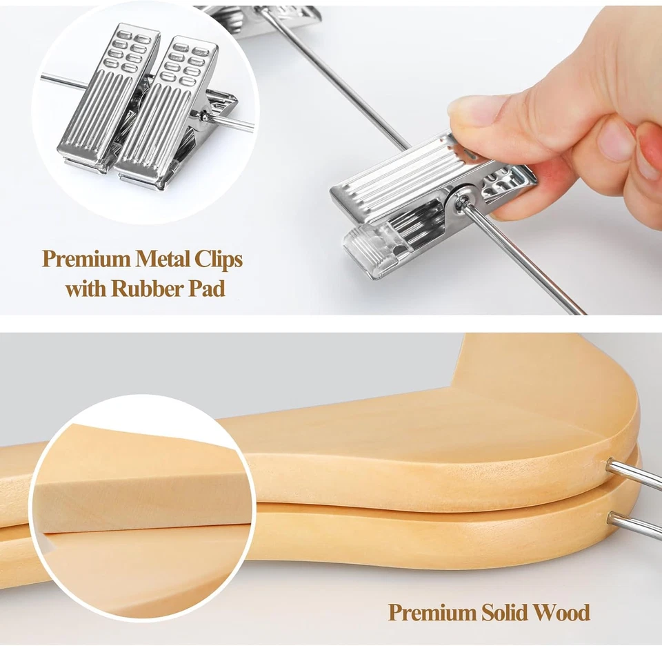 Wooden Hangers with Adjustable Metal Clips and 360° Swivel Hook, 10 Pack - Image 3 of 4