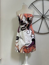 T TAHARI peach white black paisley strapless cocktail sundress NWT 4 $138