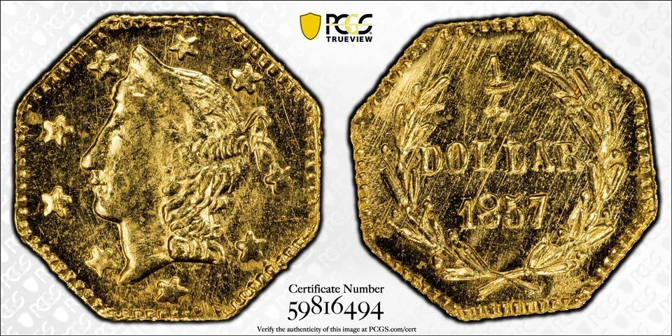 1857 G25C California Fractional Gold / PCGS Gold Shield BG-1301A MS66 / GOLD R.1 - Image 2 of 3