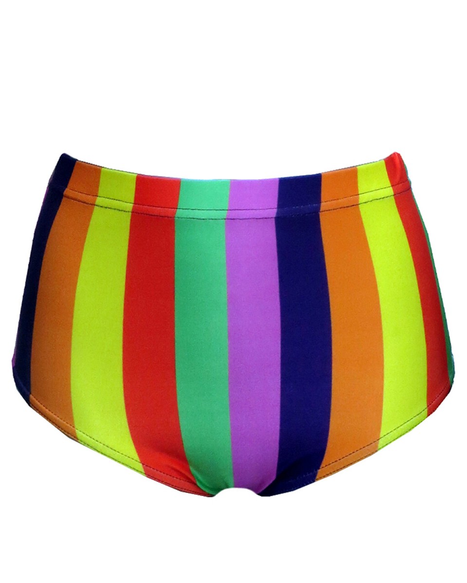 Funky Multicoloured Rainbow Vertical Stripe Print High Waist Bikni