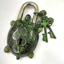 Antique Vintage Heavy Rare Lock Key Set Collectible Padlock Working Turtle