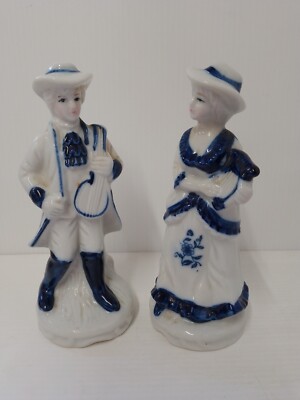 Vintage blau-weiß Keramik Georgisches Paar mit Instrumenten Figuren ca. 14 cm H