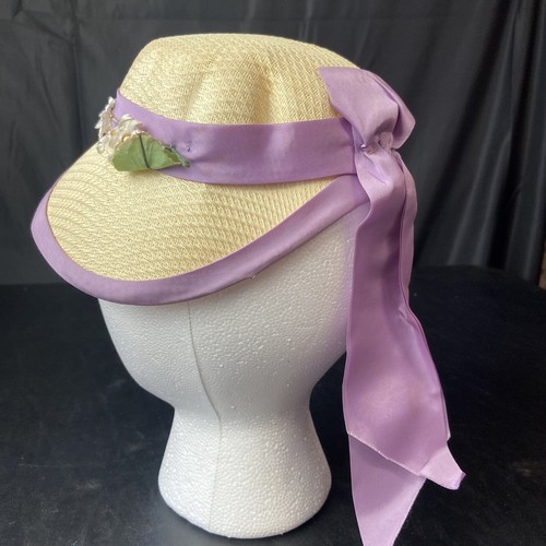 Straw Hat Flower Bouquet Tan With Purple Ribbon - Picture 3 of 7