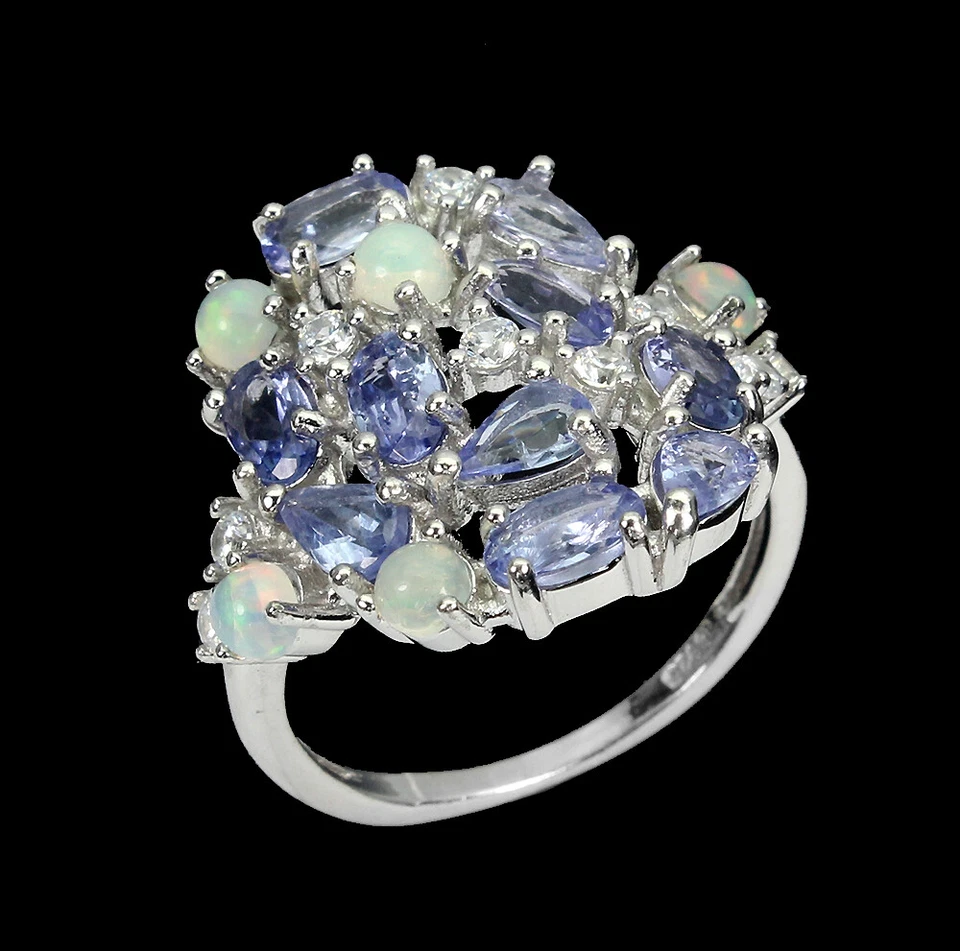 925 Anello Argento Sterling Ovale Tanzanite 5x3mm Opale di Fuoco Gemma Gioielli - Immagine 3 di 4