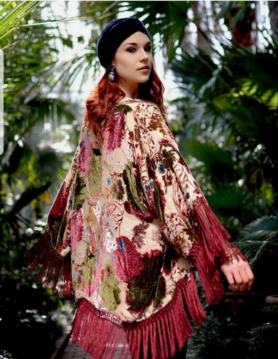 ZARA Devore Velvet Fringe Tassel Kimono Burgundy Red Sz M Open