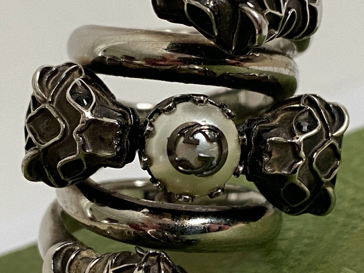 NIB Gucci Feline Tiger GG Logo Pearl Antique Silver Wrap